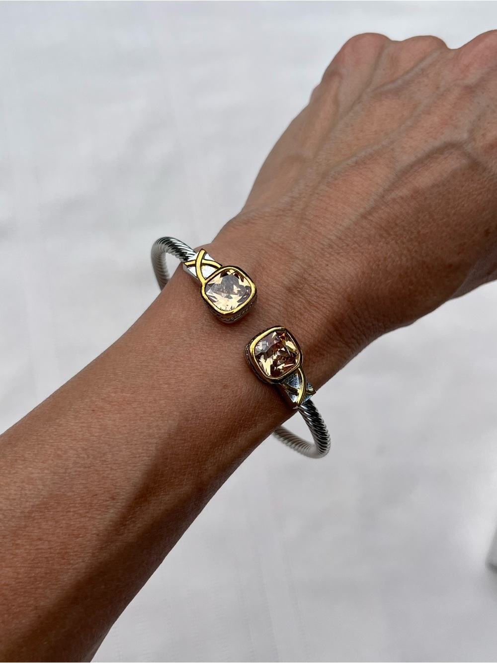 Gold Accent Silver Cable Cuff Bracelet with Champagne Stones - Women Jewelry - Picture 3 of 12